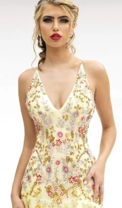 Primavera Couture - 3221 Floral Embellished Backless Sheath Gown