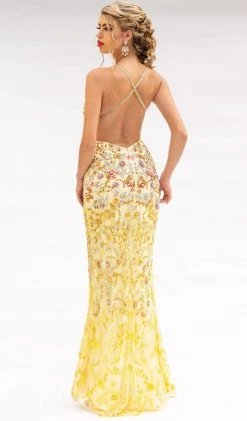 Primavera Couture - 3221 Floral Embellished Backless Sheath Gown