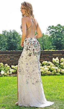 Primavera Couture - 3221 Floral Embellished Backless Sheath Gown