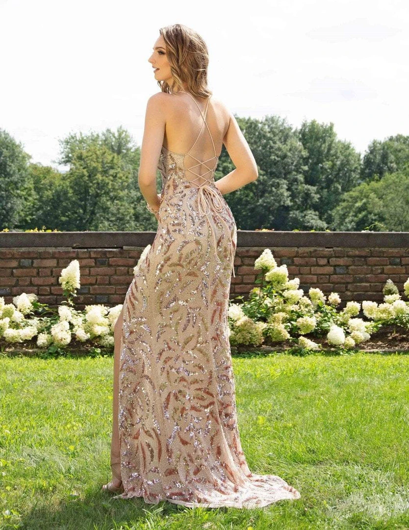 Formal Gowns Primavera Couture - 3223 Strappy Plunging V Neck Gown With Slit 4 Formal Gowns Primavera Couture - 3223 Strappy Plunging V Neck Gown With Slit