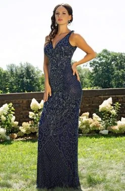 Primavera Couture - 3232 Bedazzled Plunging V-neck Sheath Dress Formal Gowns