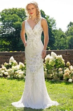 Primavera Couture - 3232 Bedazzled Plunging V-neck Sheath Dress Formal Gowns