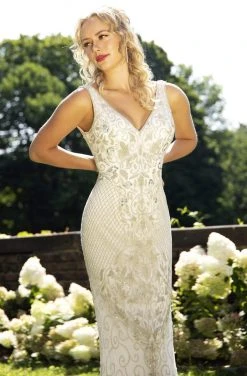 Primavera Couture - 3232 Bedazzled Plunging V-neck Sheath Dress Formal Gowns