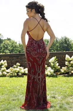 Formal Gowns Primavera Couture - 3233 Embellished Vneck Sheath Dress With Open Back