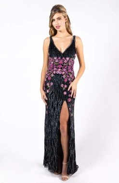 Formal Gowns Primavera Couture - 3238 Floral Embellished V-neck Sheath Dress