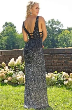 Primavera Couture - 3239 Two Tone Sequined Deep V-neck Sheath Dress Formal Gowns