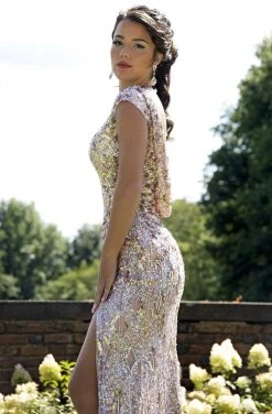 Primavera Couture - 3254 Cowl Back Cap Sleeve Sequined Gown 13 Primavera Couture - 3254 Cowl Back Cap Sleeve Sequined Gown