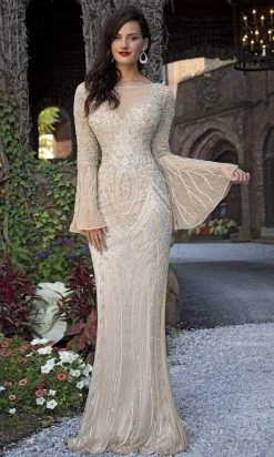 Primavera Couture - 3284 Embellished Long Bell Sleeve Bateau Dress