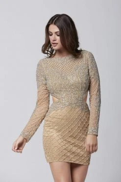 Primavera Couture - 3307 Long Sleeve Multi-Cutout Beaded Dress Cocktail Dresses