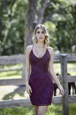 Primavera Couture - 3342 Striped Surplice Motif Sheath Dress