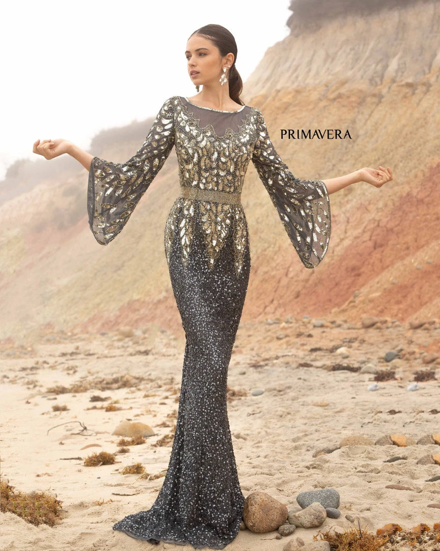 Primavera Couture - Batwing Sleeves Sequined Gown 1424 - 1 Pc Charcoal In Size 10 Available 7 Primavera Couture - Batwing Sleeves Sequined Gown 1424 - 1 Pc Charcoal In Size 10 Available
