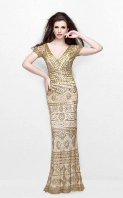 Primavera Couture - Bead Embellished Short Sleeve V-Neck Sheath Dress 1722 Formal Gowns