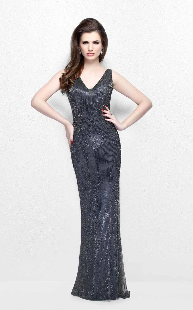 Formal Gowns Primavera Couture - Bead Embellished V-Neck Sheath Dress 1259 5 Formal Gowns Primavera Couture - Bead Embellished V-Neck Sheath Dress 1259