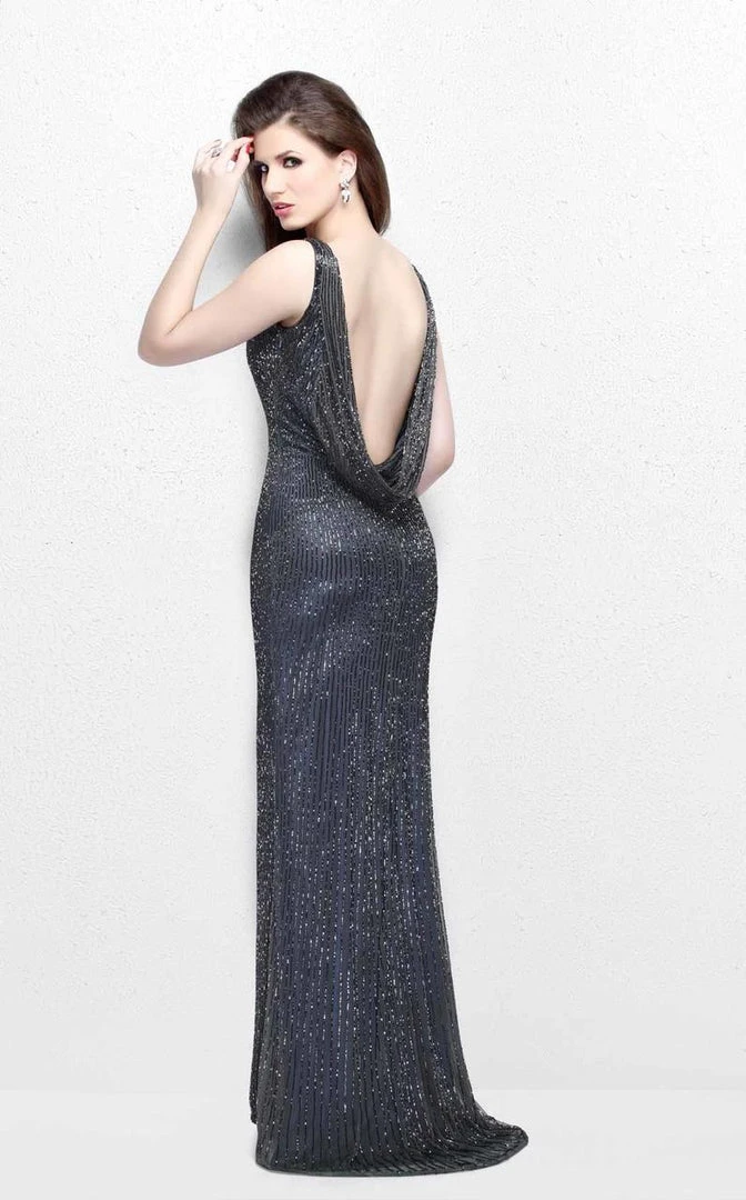 Formal Gowns Primavera Couture - Bead Embellished V-Neck Sheath Dress 1259 6 Formal Gowns Primavera Couture - Bead Embellished V-Neck Sheath Dress 1259