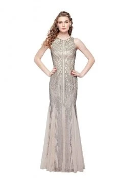 Primavera Couture Beaded Geo Patterned Sleeveless Sheath Gown 1271 - 1 Pc. Champagne In Size 4 Available