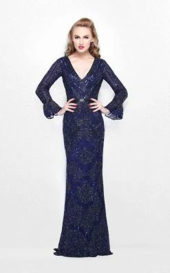 Primavera Couture - Beaded Long Sleeve V-neck Sheath Gown 1724