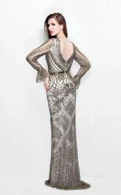 Primavera Couture - Beaded Long Sleeve V-neck Sheath Gown 1724