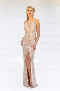 Formal Gowns Primavera Couture - Beaded Ornate Plunging V Neck Evening Gown 3214 - 1 Pc Blush Silver In Size 2 Available
