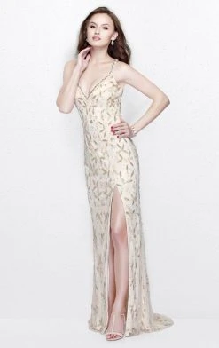 Formal Gowns Primavera Couture - Beaded V-Neck Long Dress With Slit 1865