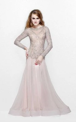 Primavera Couture - Bejeweled Long Sleeve Bateau Neck A-line Dress 1751 Formal Gowns