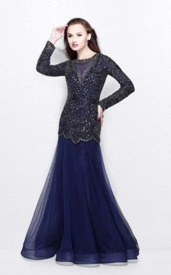 Primavera Couture - Bejeweled Long Sleeve Bateau Neck A-line Dress 1751 Formal Gowns