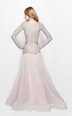 Primavera Couture - Bejeweled Long Sleeve Bateau Neck A-line Dress 1751 Formal Gowns