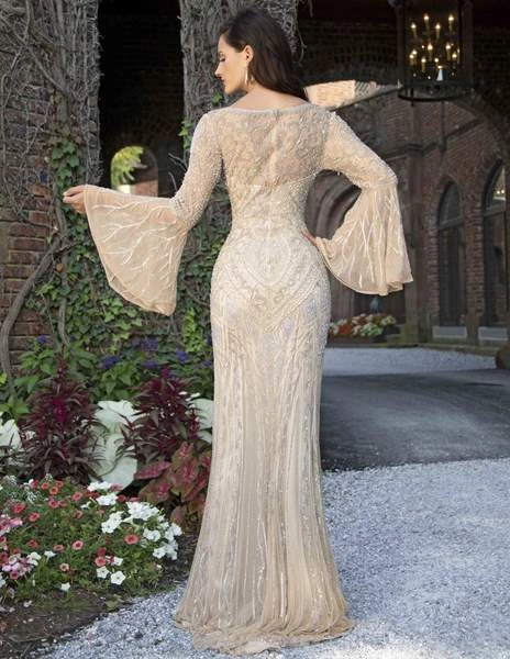 Primavera Couture - Embellished Long Bell Sleeve Bateau Dress 3284 - 1 Pc Beige In Size 2 Available 4 Primavera Couture - Embellished Long Bell Sleeve Bateau Dress 3284 - 1 Pc Beige In Size 2 Available