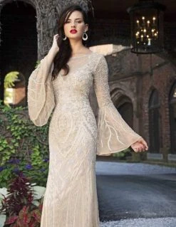 Primavera Couture - Embellished Long Bell Sleeve Bateau Dress 3284 - 1 Pc Beige In Size 2 Available 7 Primavera Couture - Embellished Long Bell Sleeve Bateau Dress 3284 - 1 Pc Beige In Size 2 Available