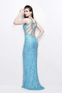 Primavera Couture - Glistening V-Neck Crisscrossed Sheath Gown 1473