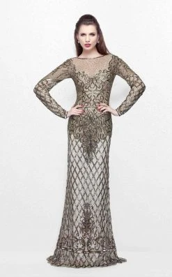 Formal Gowns Primavera Couture - Imperial Long Sleeved Full Beaded Long Sheath Dress 1720
