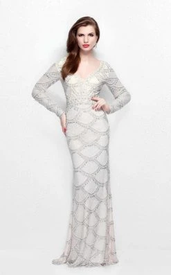 Primavera Couture - Long Sleeve Embellished Long Gown With Beaded Scallop Pattern 1738
