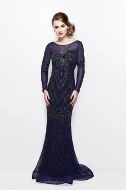 Primavera Couture - Long Sleeved Sheer Embellished Evening Gown 1701 Formal Gowns