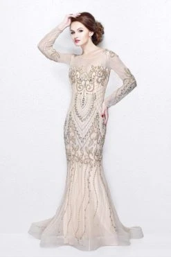 Primavera Couture - Long Sleeved Sheer Embellished Evening Gown 1701 Formal Gowns