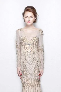 Primavera Couture - Long Sleeved Sheer Embellished Evening Gown 1701 Formal Gowns
