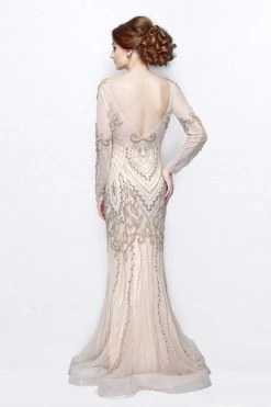 Primavera Couture - Long Sleeved Sheer Embellished Evening Gown 1701 Formal Gowns