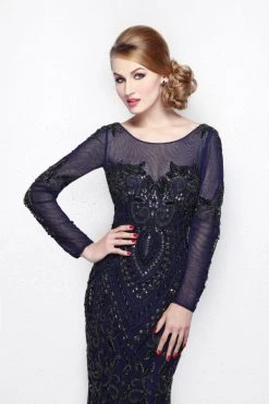 Primavera Couture - Long Sleeved Sheer Embellished Evening Gown 1701 Formal Gowns