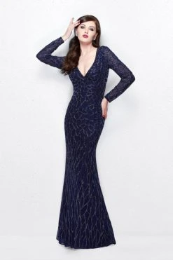 Formal Gowns Primavera Couture - Long Sleeves V-Neck Sequined Gown 1746