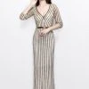 Formal Gowns Primavera Couture - Quarter Sleeves V-Neck Stripes Long Dress 1758