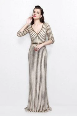 Formal Gowns Primavera Couture - Quarter Sleeves V-Neck Stripes Long Dress 1758