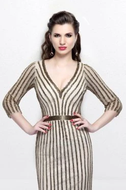 Formal Gowns Primavera Couture - Quarter Sleeves V-Neck Stripes Long Dress 1758