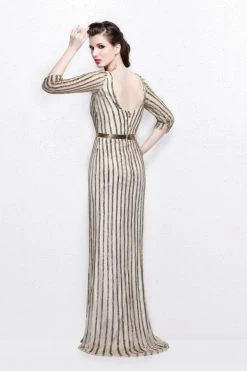 Formal Gowns Primavera Couture - Quarter Sleeves V-Neck Stripes Long Dress 1758