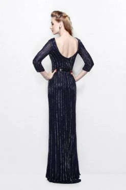 Formal Gowns Primavera Couture - Quarter Sleeves V-Neck Stripes Long Dress 1758