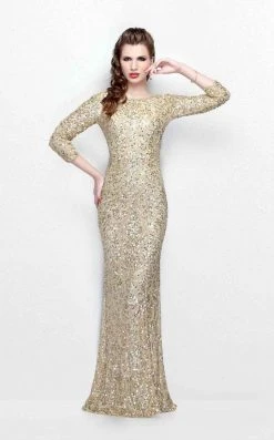 Primavera Couture - Regal Sequined Long Sleeves Bateau Sheath Gown 1747