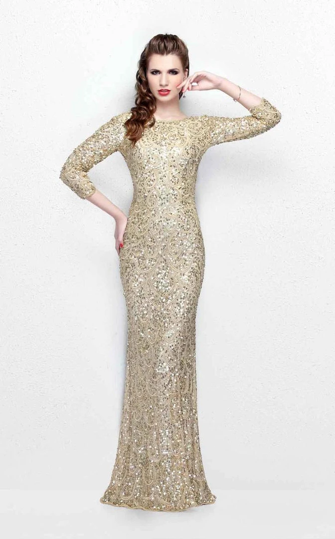 Primavera Couture - Regal Sequined Long Sleeves Bateau Sheath Gown 1747 3 Primavera Couture - Regal Sequined Long Sleeves Bateau Sheath Gown 1747