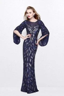 Primavera Couture - Sequined Bell Sleeves Contrast Illusion Sheath Gown 1717 8 Primavera Couture - Sequined Bell Sleeves Contrast Illusion Sheath Gown 1717