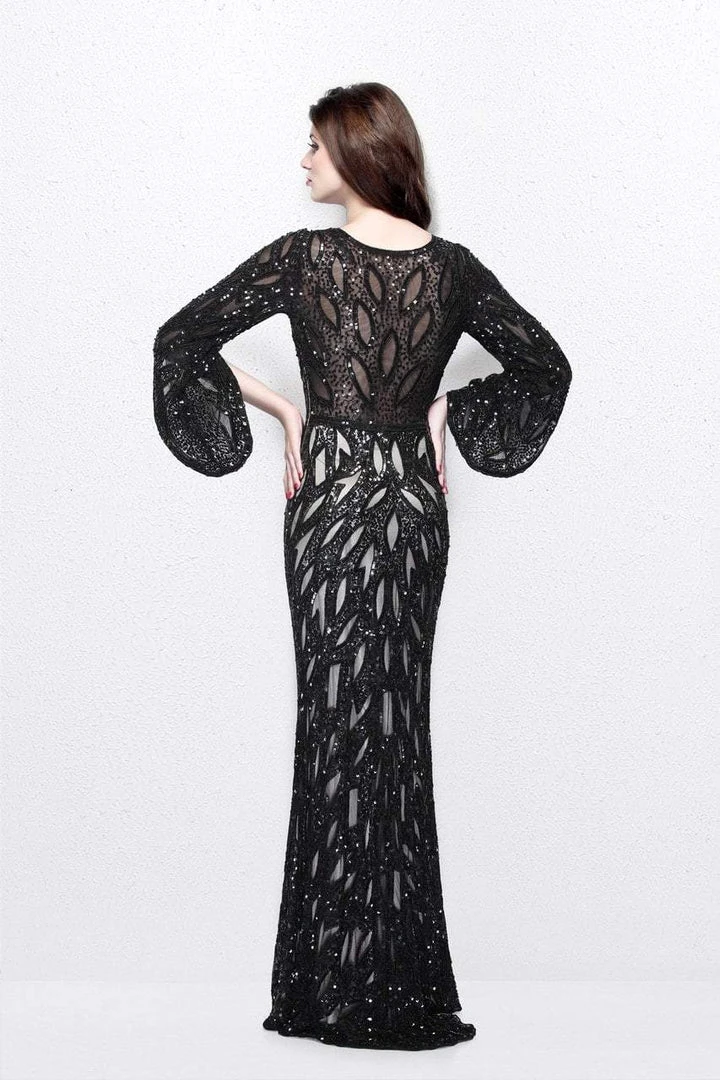 Primavera Couture - Sequined Bell Sleeves Contrast Illusion Sheath Gown 1717 4 Primavera Couture - Sequined Bell Sleeves Contrast Illusion Sheath Gown 1717
