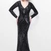 Formal Gowns Primavera Couture - Sequined Long Sleeve V-Neck Long Sheath Gown 1740