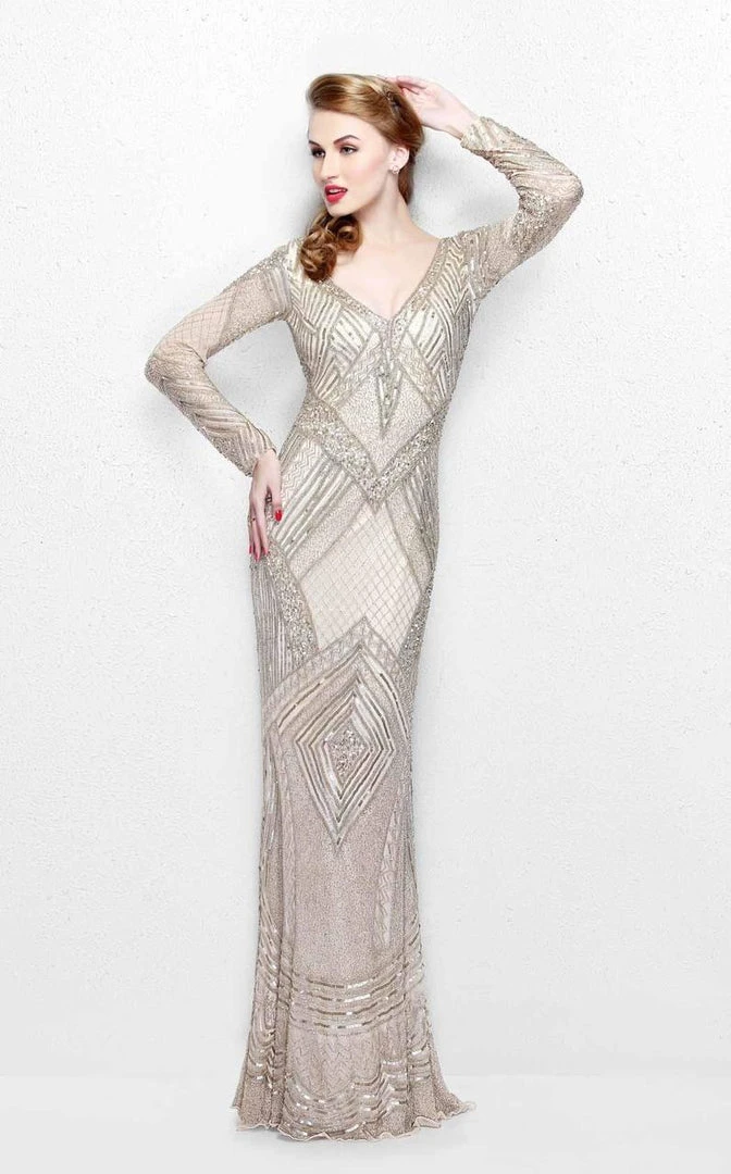 Formal Gowns Primavera Couture - Sequined Long Sleeve V-Neck Long Sheath Gown 1740 5 Formal Gowns Primavera Couture - Sequined Long Sleeve V-Neck Long Sheath Gown 1740