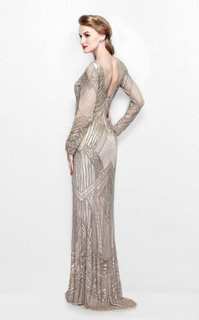 Formal Gowns Primavera Couture - Sequined Long Sleeve V-Neck Long Sheath Gown 1740 6 Formal Gowns Primavera Couture - Sequined Long Sleeve V-Neck Long Sheath Gown 1740