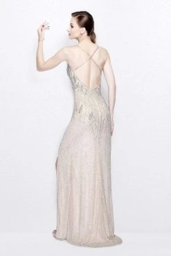 Formal Gowns Primavera Couture - Sequined V-Neck Sheath Gown With Crisscrossed Straps 1818